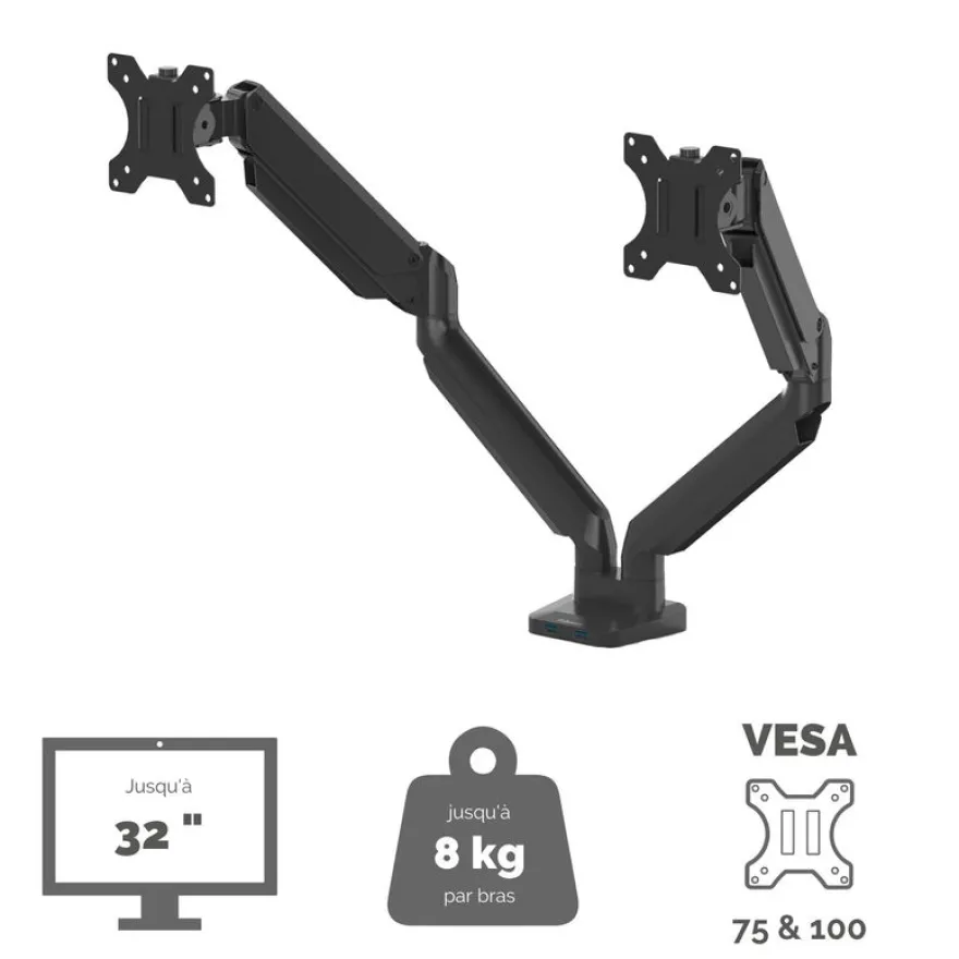 Fellowes Platinum series - Bras porte écran double réglable - fixation sur bureau - noir