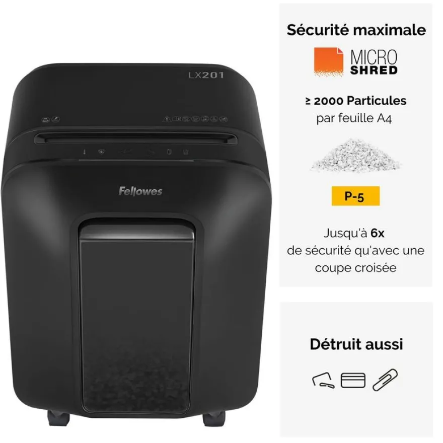 Fellowes Powershred LX201 - destructeur de documents coupe croisée microparticules - 12 feuilles - Corbeille 22 litres - noir