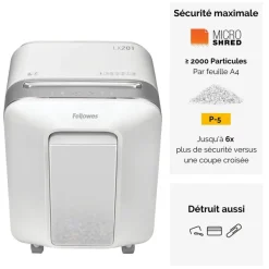 Fellowes Powershred LX201 - destructeur de documents coupe croisée microparticules - 12 feuilles - Corbeille 22 litres - blanc