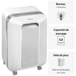 Fellowes Powershred LX201 - destructeur de documents coupe croisée microparticules - 12 feuilles - Corbeille 22 litres - blanc
