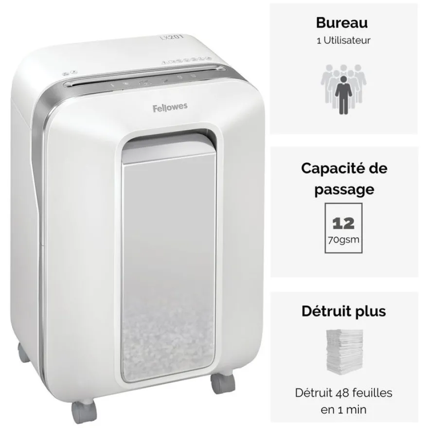 Fellowes Powershred LX201 - destructeur de documents coupe croisée microparticules - 12 feuilles - Corbeille 22 litres - blanc