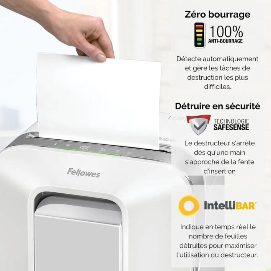 Fellowes Powershred LX201 - destructeur de documents coupe croisée microparticules - 12 feuilles - Corbeille 22 litres - blanc