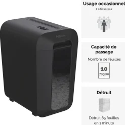 Fellowes Powershred LX65 - destructeur de documents coupe croisée - 10 feuilles - Corbeille 22 litres - noir
