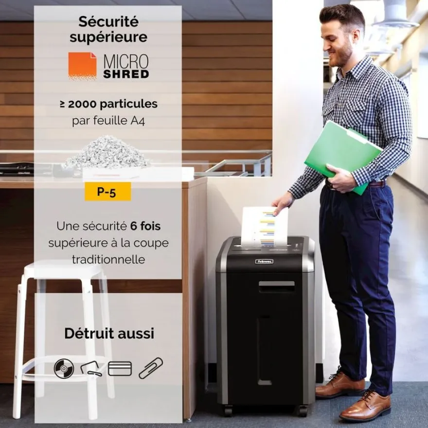 Fellowes Powershred 225Mi - destructeur de documents coupe croisée microparticules - 16 feuilles - Corbeille 60 litres