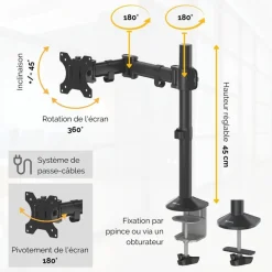 Fellowes Reflex - Bras porte-écran simple jusqu'à 32" - réglable en hauteur et en profondeur - système de passe câble intégré - noir