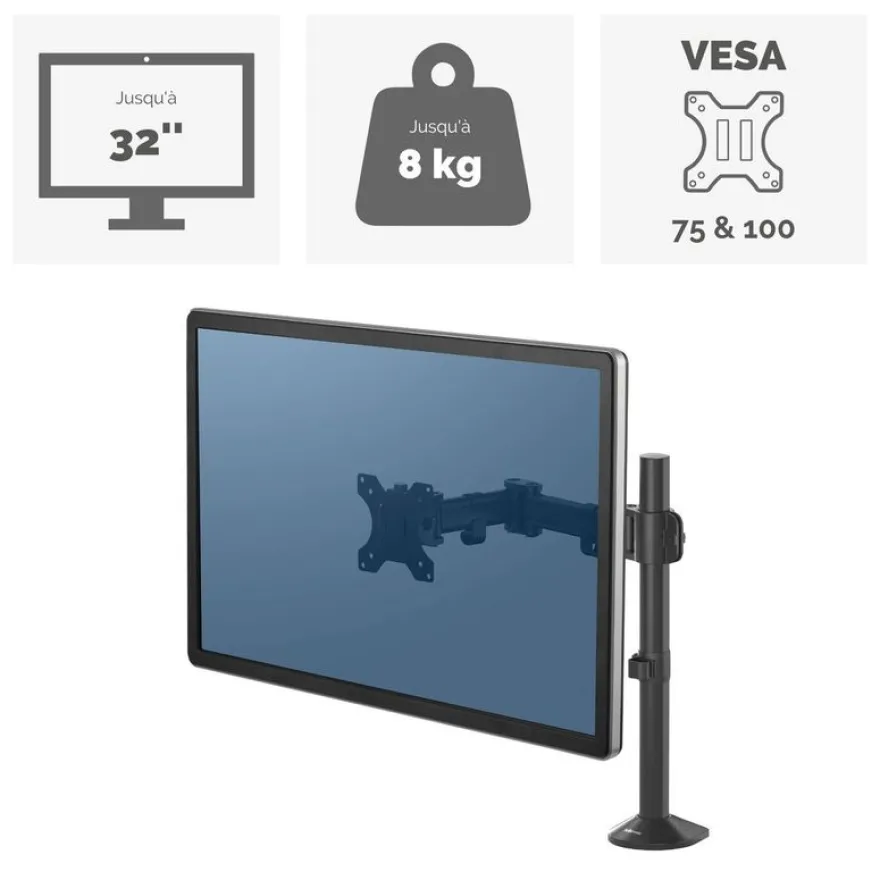 Fellowes Reflex - Bras porte-écran simple jusqu'à 32" - réglable en hauteur et en profondeur - système de passe câble intégré - noir