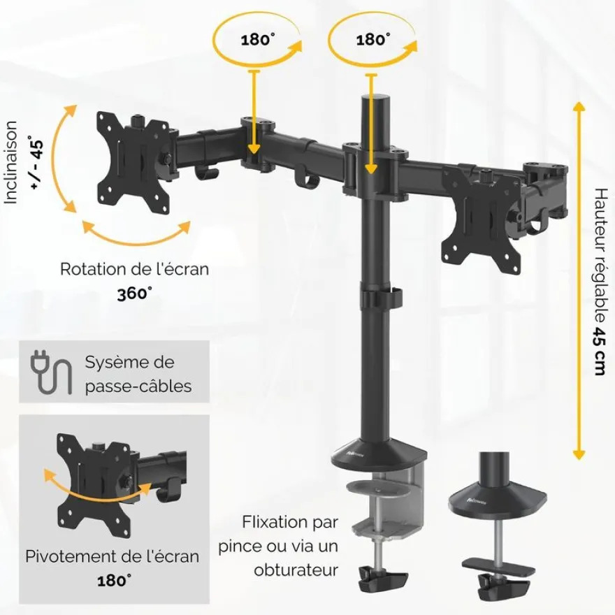 Fellowes Reflex - Bras porte-écran double jusqu'à 30" - réglable en hauteur et en profondeur - système de passe câble intégré - noir