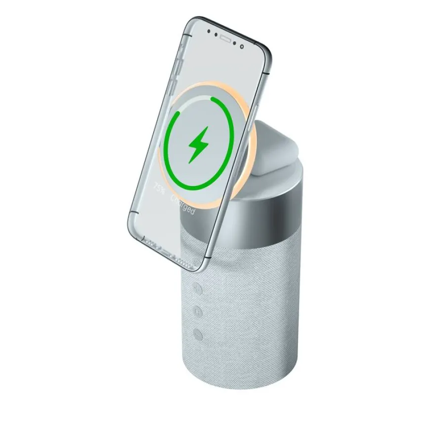 Force Play - Double chargeur sans fil (15W + 5W) Compatible MagSafe + Enceinte Bluetooth Silver