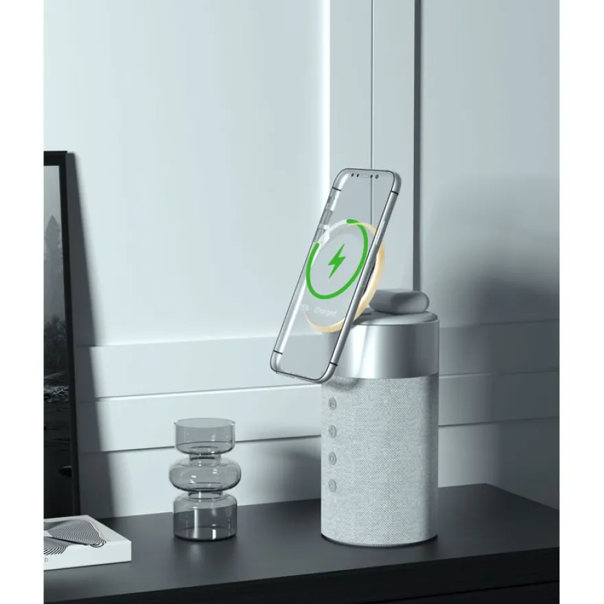 Force Play - Double chargeur sans fil (15W + 5W) Compatible MagSafe + Enceinte Bluetooth Silver