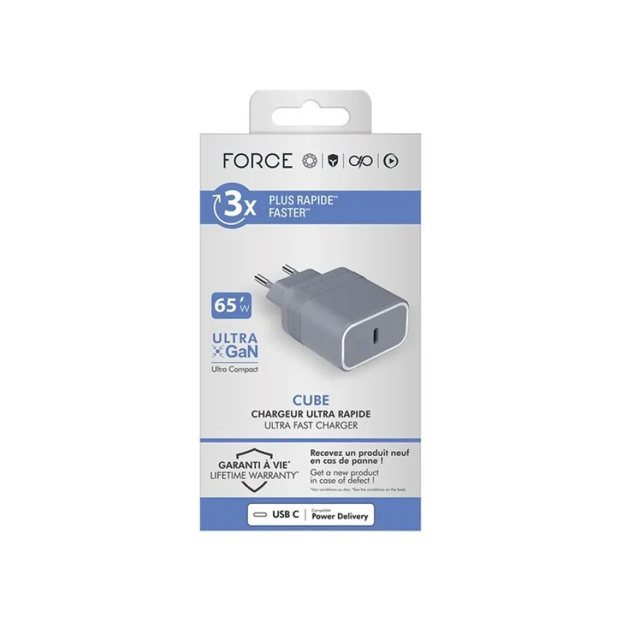 Force Power - Adaptateur secteur - UltraGaN technology - 65 Watt - PD (24 pin USB-C) - gris
