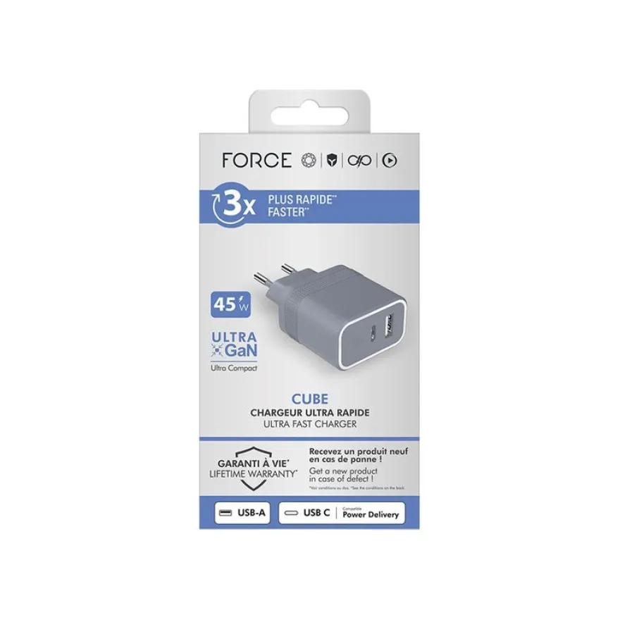 Force Power - Adaptateur secteur - technologie GaN - 45 Wh - PD - 2 connecteurs de sortie (USB, 24 pin USB-C) - gris