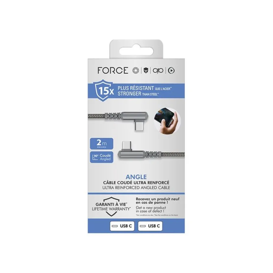 Force Power - Câble USB - 24 pin USB-C (M) incliné pour 24 pin USB-C (M) incliné - 3 A - 2 m - ultra renforcé, USB Power Delivery (60W) - gris