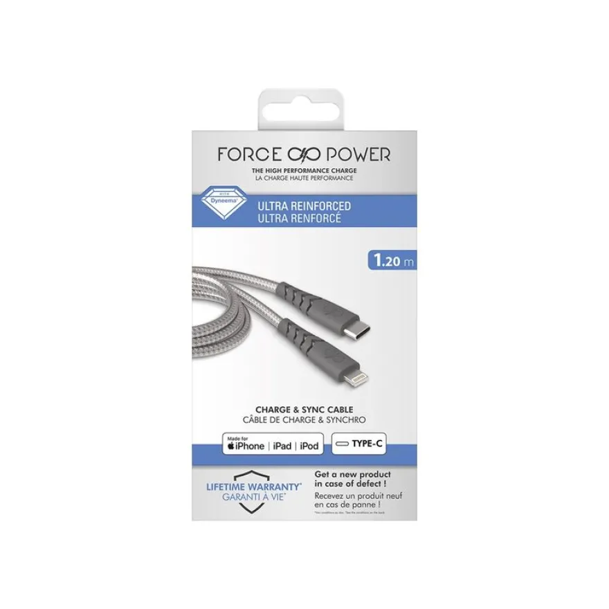 Force Power - câble USB-C/Lightning - 1.2 m - gris