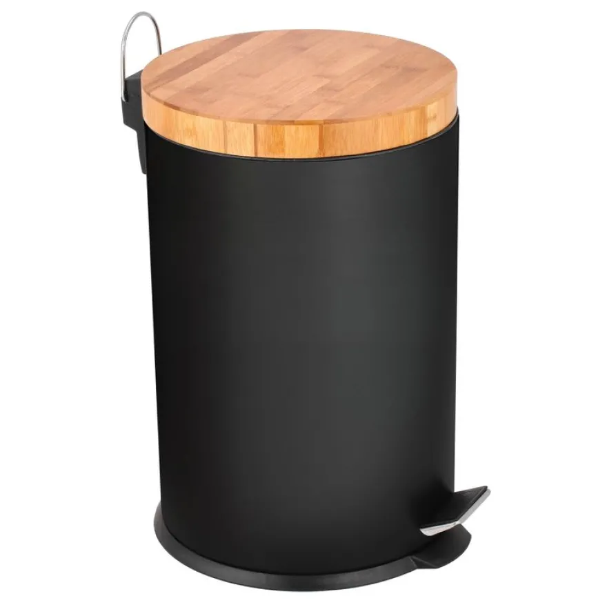 Frandis - Poubelle ronde noir avec couvercle en bambou - 20L