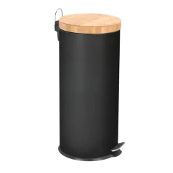 Frandis - Poubelle ronde noir avec couvercle en bambou - 30L