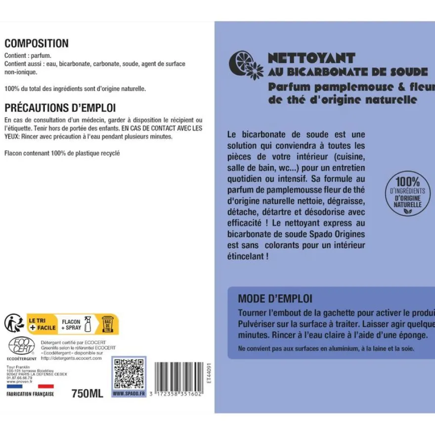 Gloss - Bicarbonate de Soude dégraissant/détartrant /nettoyant - vaporisateur 750 ml