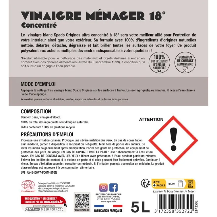 Gloss - Vinaigre Blanc ultra concentré - produit de nettoyage / détartrage - 5L