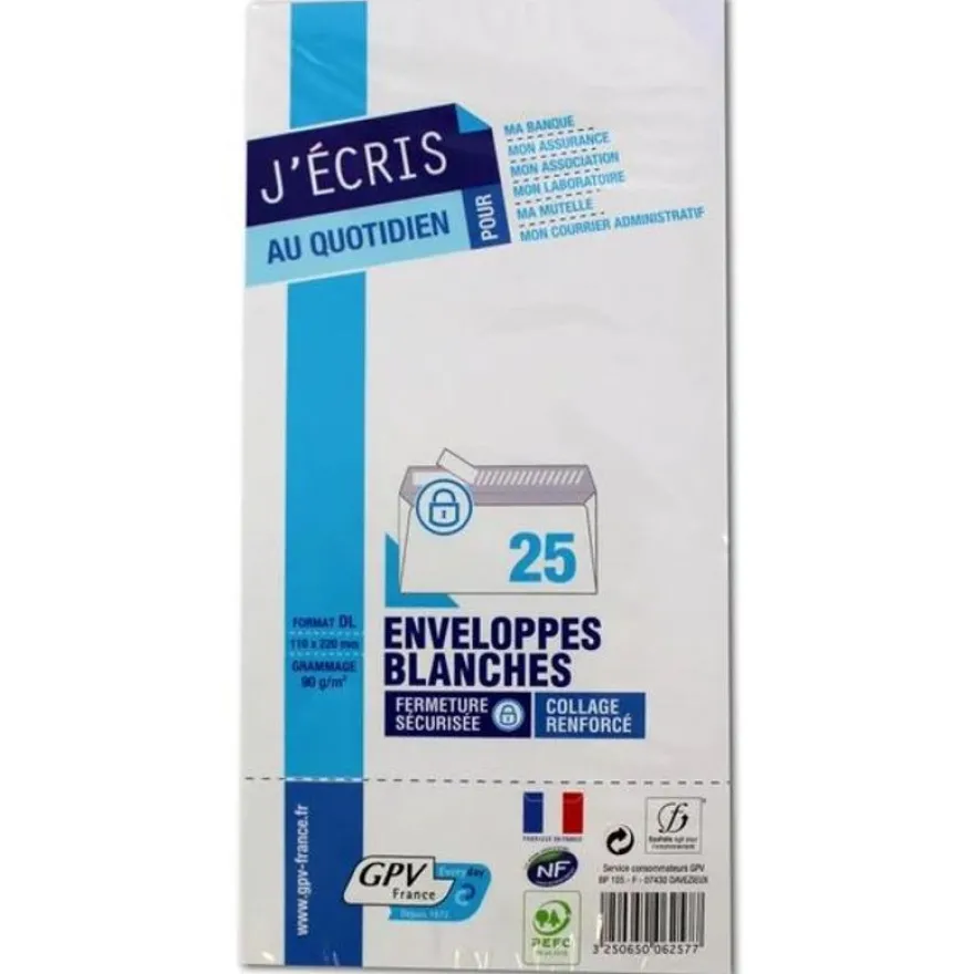 GPV - 25 enveloppes blanches - DL 110x220 mm - 90g/m² - blanc - bande adhésive
