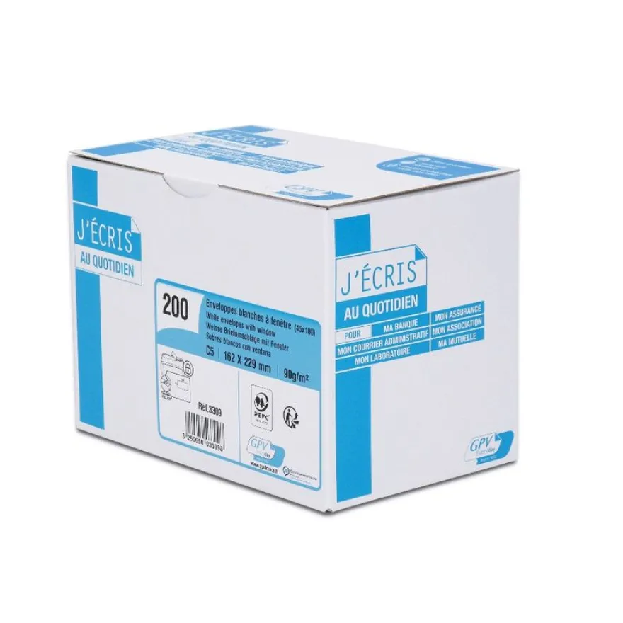 GPV - 200 Enveloppes C5 162 x 229 mm - 90 gr - fenêtre 45x100 mm - blanc - bande adhésive ouverture rapide