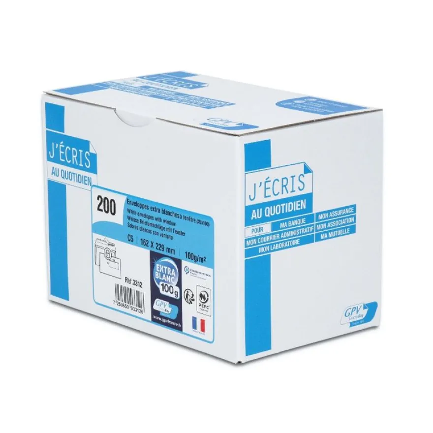 GPV - 200 Enveloppes DL 110 x 220 mm - 100 g/m² - fenêtre 45x100 mm - bande de protection - blanc