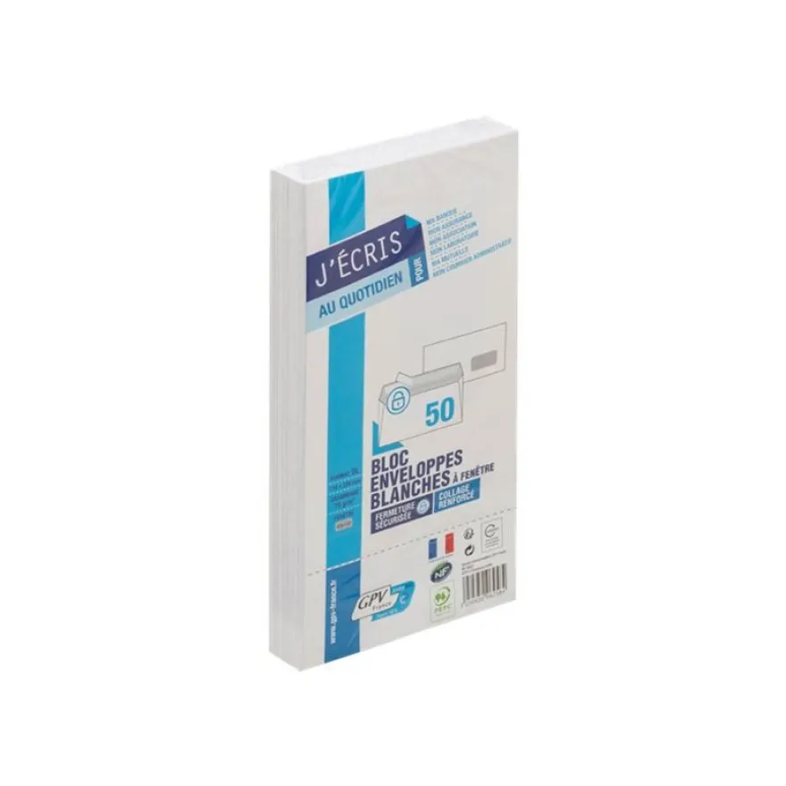 GPV - 50 Enveloppes DL 110 x 220 mm - 90 gr - fenêtre 45x100 mm - blanc - bande adhésive - bloc détachable