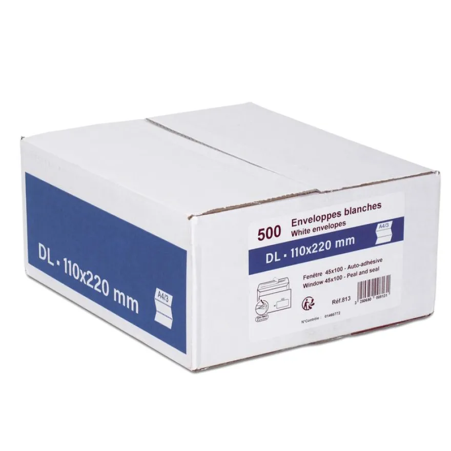 GPV - 500 Enveloppes DL 110 x 220 mm - 80 gr - fenêtre 45x100 mm - blanc - bande adhésive
