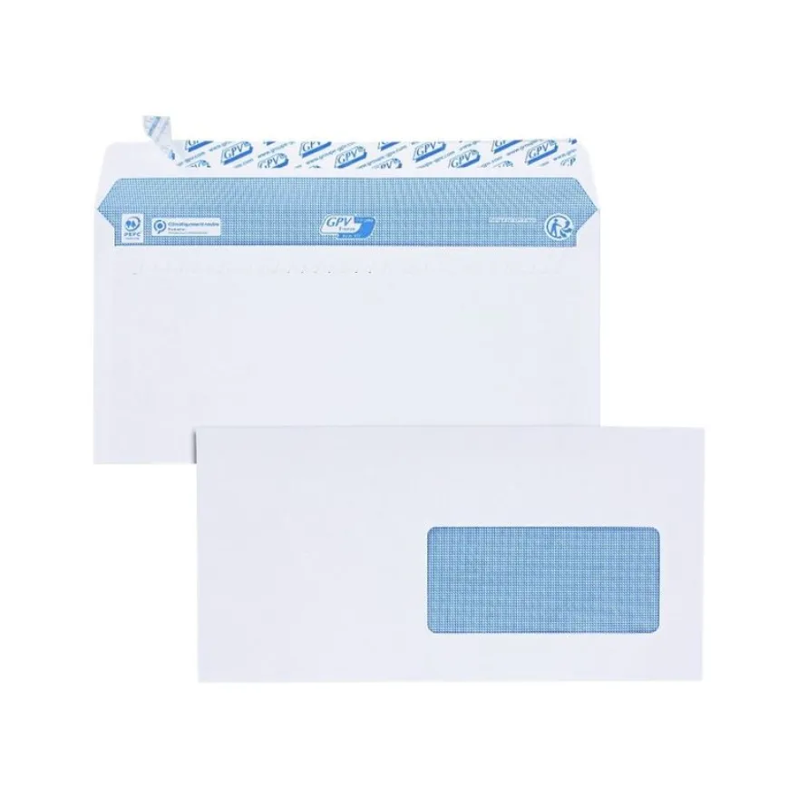 GPV - 200 Enveloppes DL 110 x 220 mm - 90 gr - fenêtre 45x100 mm - blanc - bande adhésive ouverture rapide
