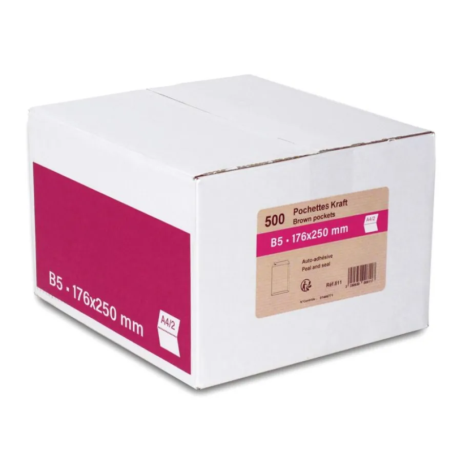 GPV - 500 Pochettes Enveloppes B5 176 x 250 mm - 90 gr - sans fenêtre - kraft - bande adhésive