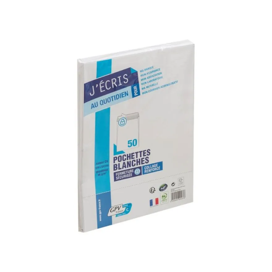 GPV - 50 Pochettes Enveloppes C4 229 x 324 mm - 90 gr - sans fenêtre - blanc - bande adhésive