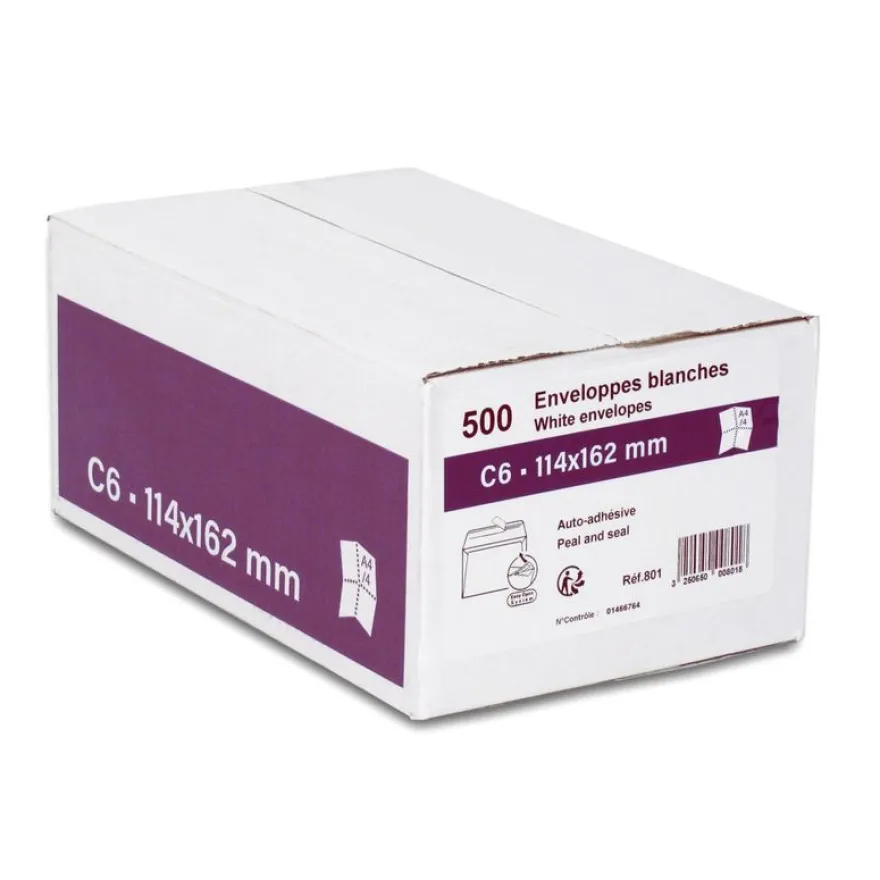 GPV - 500 Pochettes Enveloppes C6 114 x 162 mm - 80 gr - sans fenêtre - blanc - bande adhésive
