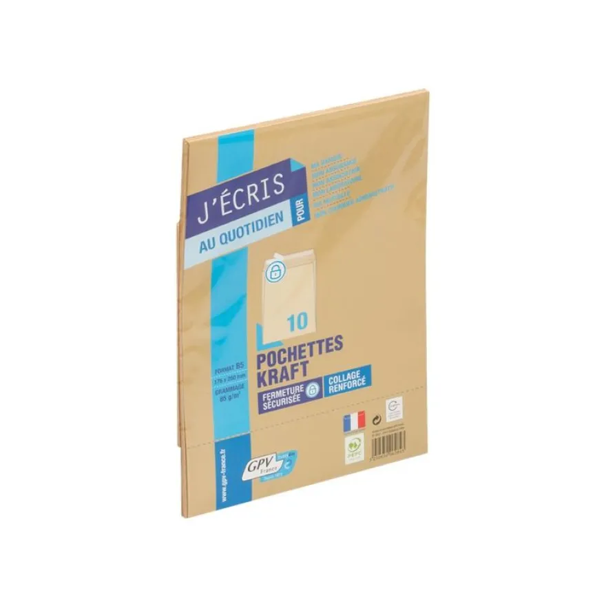 GPV - 10 Pochettes Enveloppes B5 250 x 176 mm - 85 gr - sans fenêtre - kraft - bande adhésive