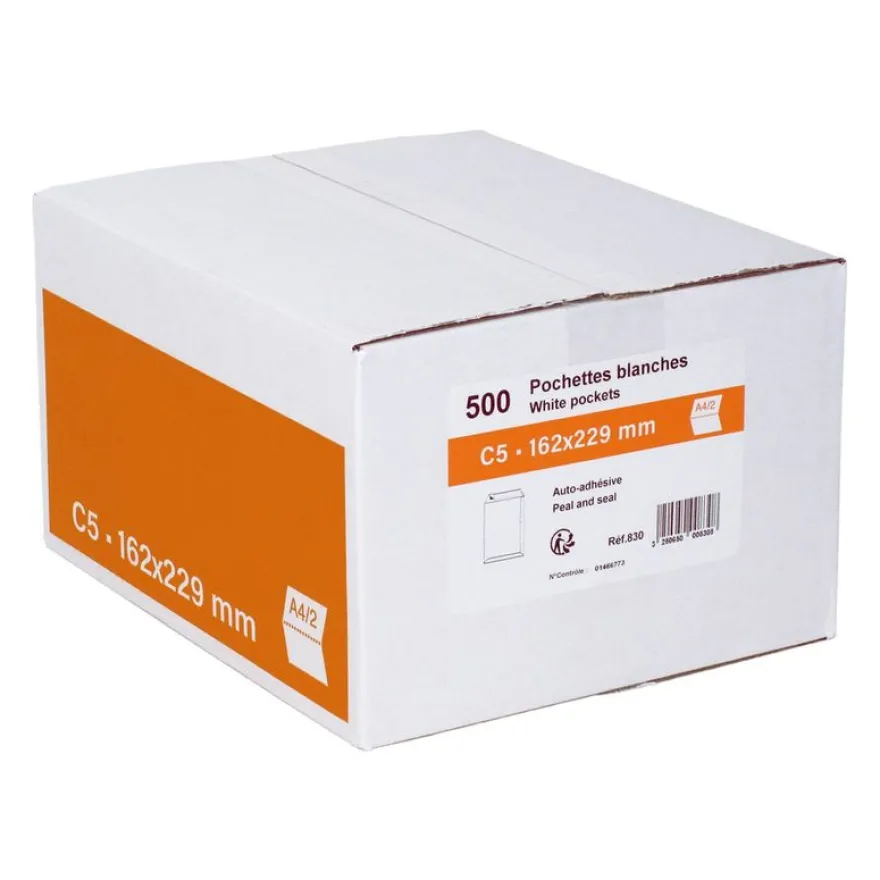 GPV - 500 Pochettes Enveloppes C5 162 x 229 mm - 90 gr - sans fenêtre - blanc - bande adhésive
