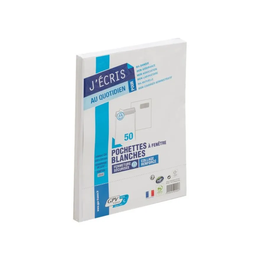 GPV - 50 Pochettes Enveloppes C4 229 x 324 mm - 90 gr - fenêtre 50x100 mm - blanc - bande adhésive