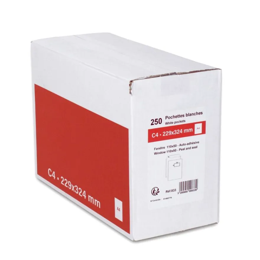 GPV - 250 Pochettes Enveloppes C4 229 x 324 mm - 90 gr - fenêtre 50x110 mm - blanc - bande adhésive