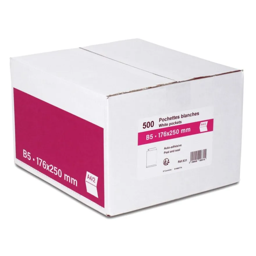 GPV - 500 Pochettes Enveloppes B5 176 x 250 mm - 90 gr - sans fenêtre - blanc - bande adhésive