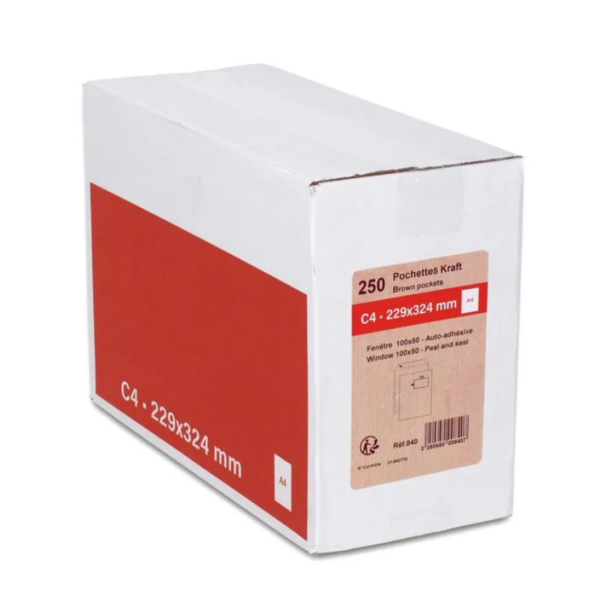 GPV - 250 Pochettes Enveloppes C4 229 x 324 mm - 90 gr - fenêtre 50x100 mm - kraft - bande adhésive