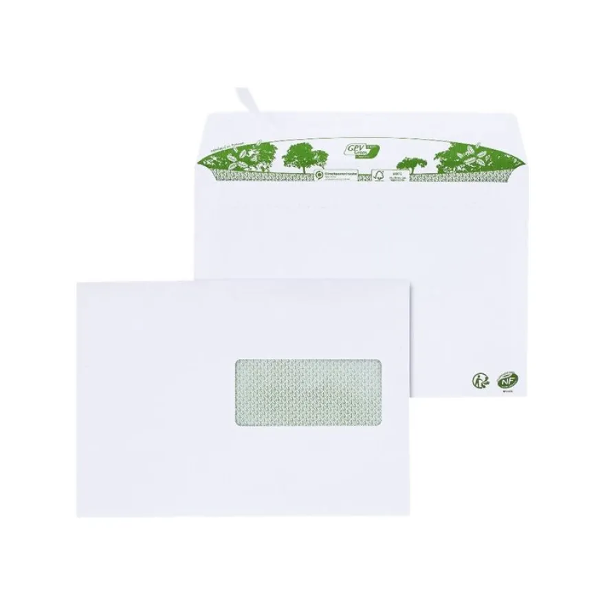 GPV Green - 200 Enveloppes recyclées C5 162 x 229 mm - 80 gr - fenêtre 45x100 mm - blanc - bande adhésive ouverture rapide