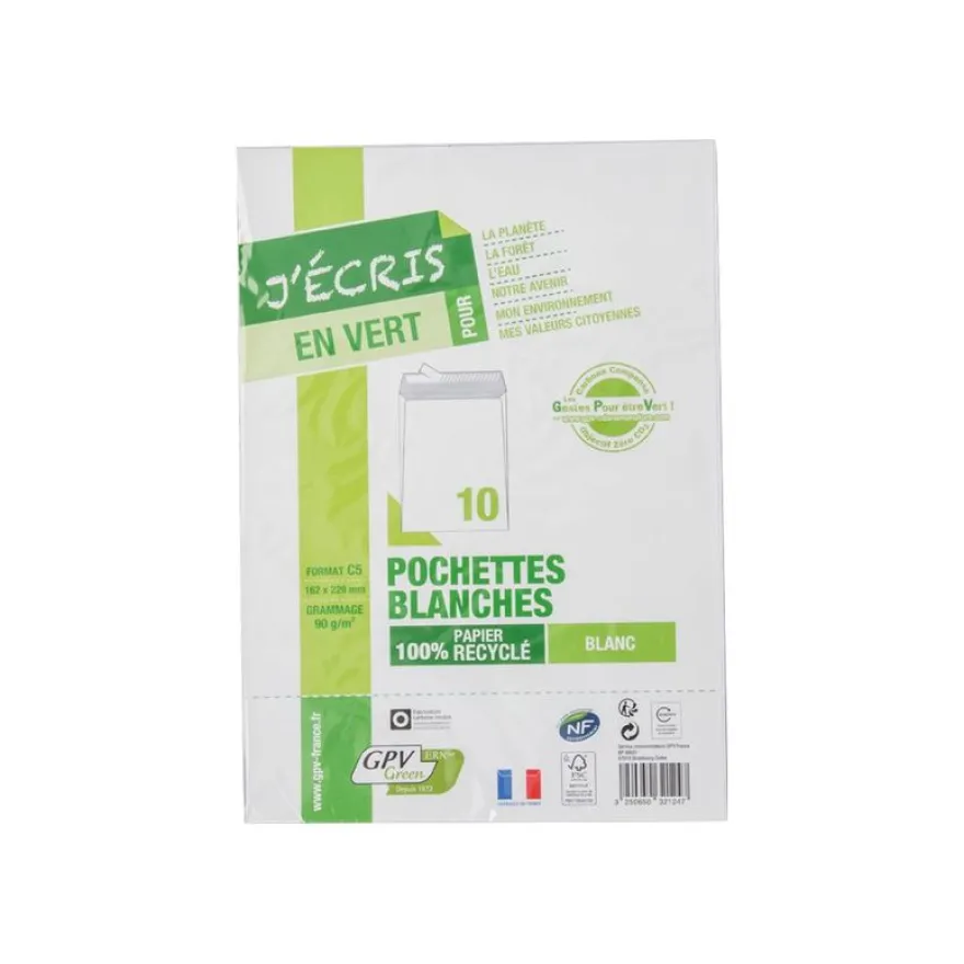GPV Green - 10 Enveloppes recyclées C5 162 x 229 mm - 90 gr - sans fenêtre - blanc - bande adhésive