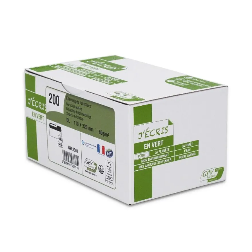 GPV Green - 200 Enveloppes recyclées DL 110 x 220 mm - 80 gr - sans fenêtre - blanc - bande adhésive ouverture rapide