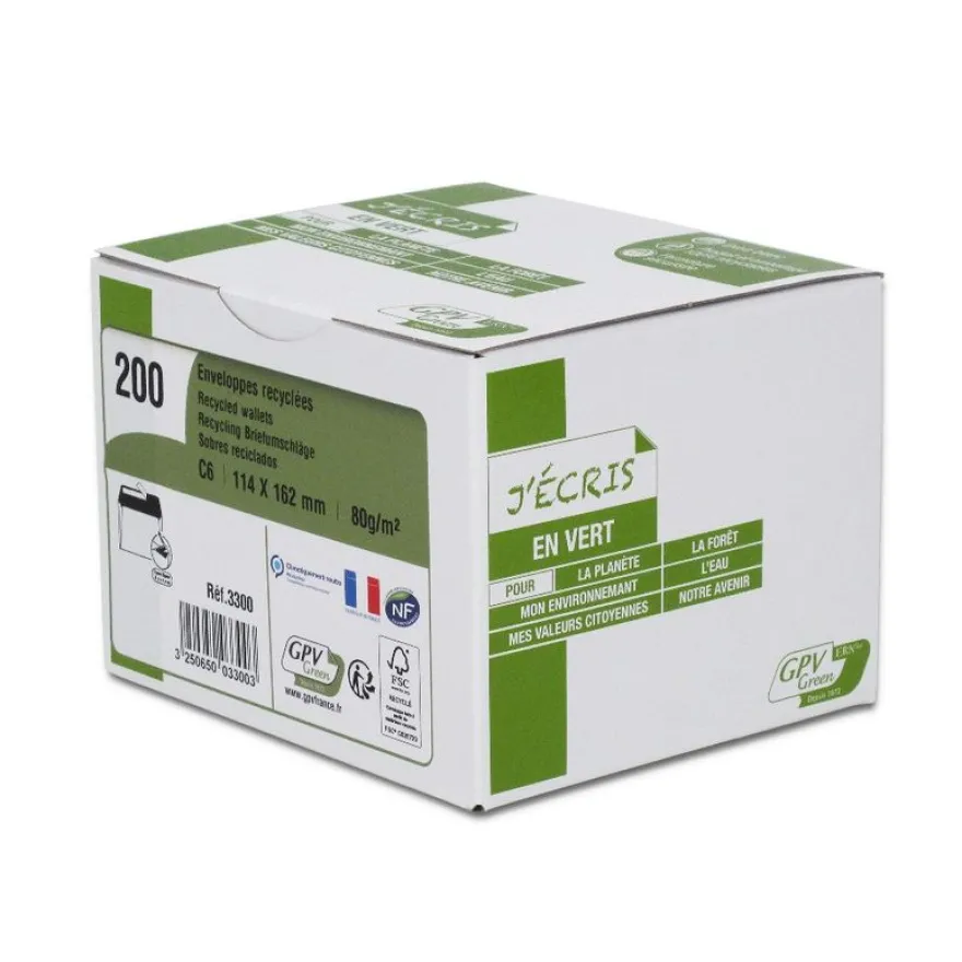 GPV Green - 200 Enveloppes recyclées C6 114 x 162 mm - 80 gr - blanc - bande adhésive ouverture rapide