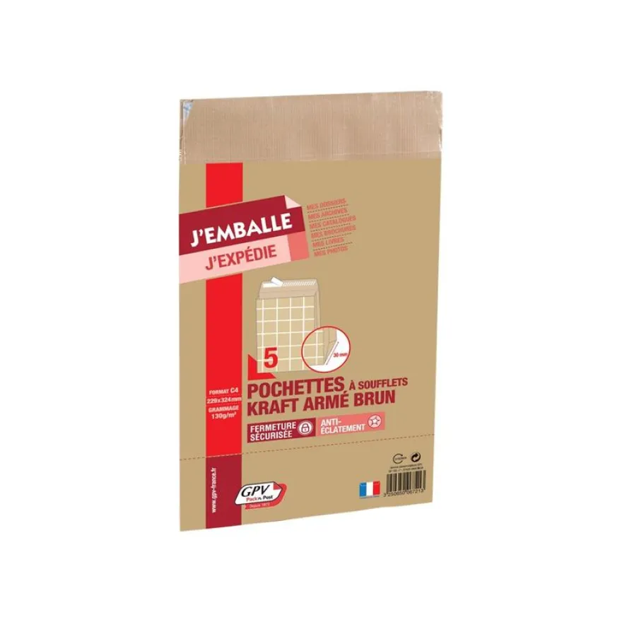 GPV Pack'n Post - 5 Pochettes kraft armé à soufflets - C4 229 x 324 mm - 130 gr - bande auto-adhésive