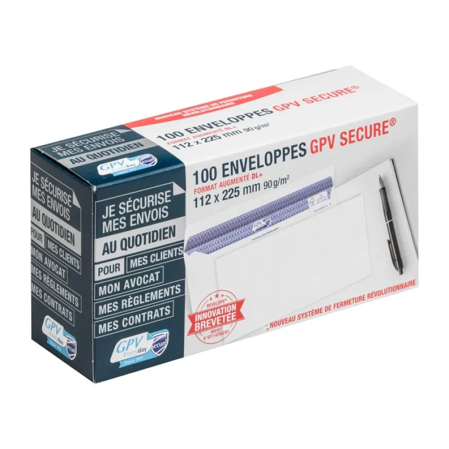 GPV Secure - 100 Enveloppes DL+ 112 x 225 mm - 90 gr - sans fenêtre - blanc - autocollante