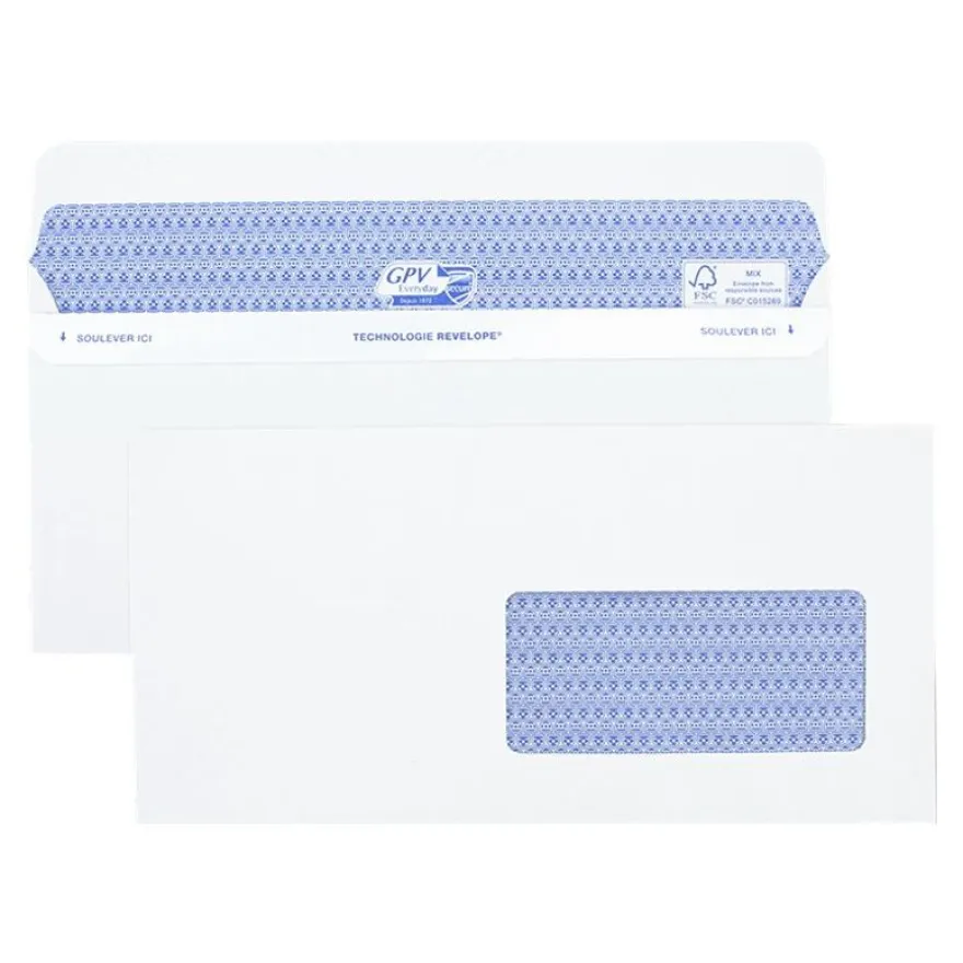GPV Secure - 500 Enveloppes DL+ 112 x 225 mm - 90 gr - fenêtre 45x100 mm - blanc - autocollante