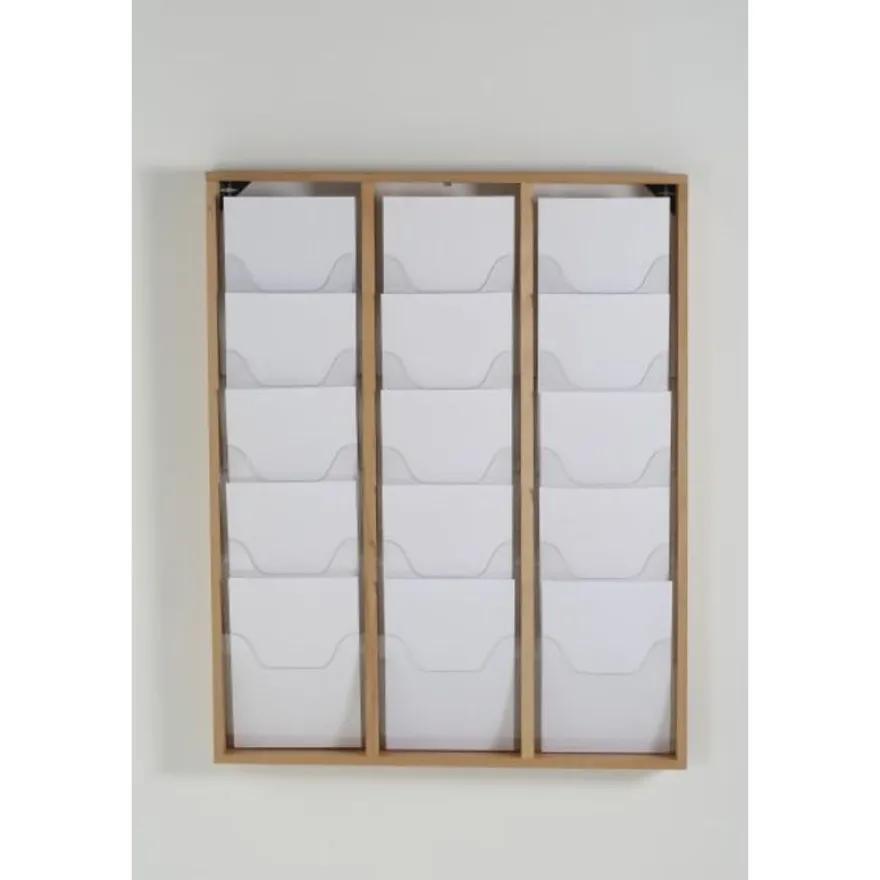 INOVSHOP - Présentoir de journaux mural - 3 x 5 compartiments A4 - bois naturel