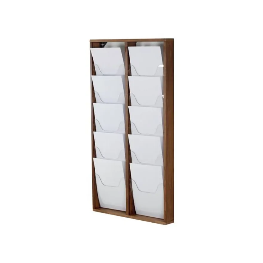 INOVSHOP - Présentoir de journaux mural - 2 x 5 compartiments A4 - bois foncé