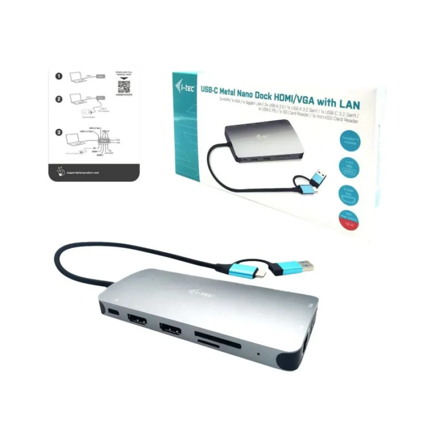 i-Tec Nano Dock - Station d'accueil - USB 3.0 / USB4 / Thunderbolt 4 - VGA, 2 x HDMI - GigE - Europe