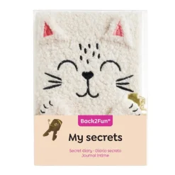 Journal intime chat en peluche avec oreilles en relief - visage brodé et cadenas - 80 pages 80 g