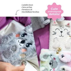 Journal intime chat en peluche avec oreilles en relief - visage brodé et cadenas - 80 pages 80 g