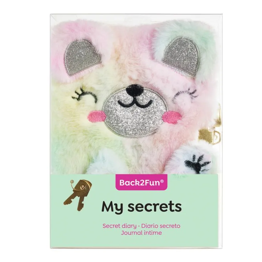 Journal intime ours en peluche avec oreilles en relief - visage brodé - cadenas - 80 pages lignées 80 g