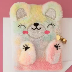 Journal intime ours en peluche avec oreilles en relief - visage brodé - cadenas - 80 pages lignées 80 g